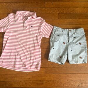 Vineyard Vines Pink and White Striped Shirt & Gray Shorts